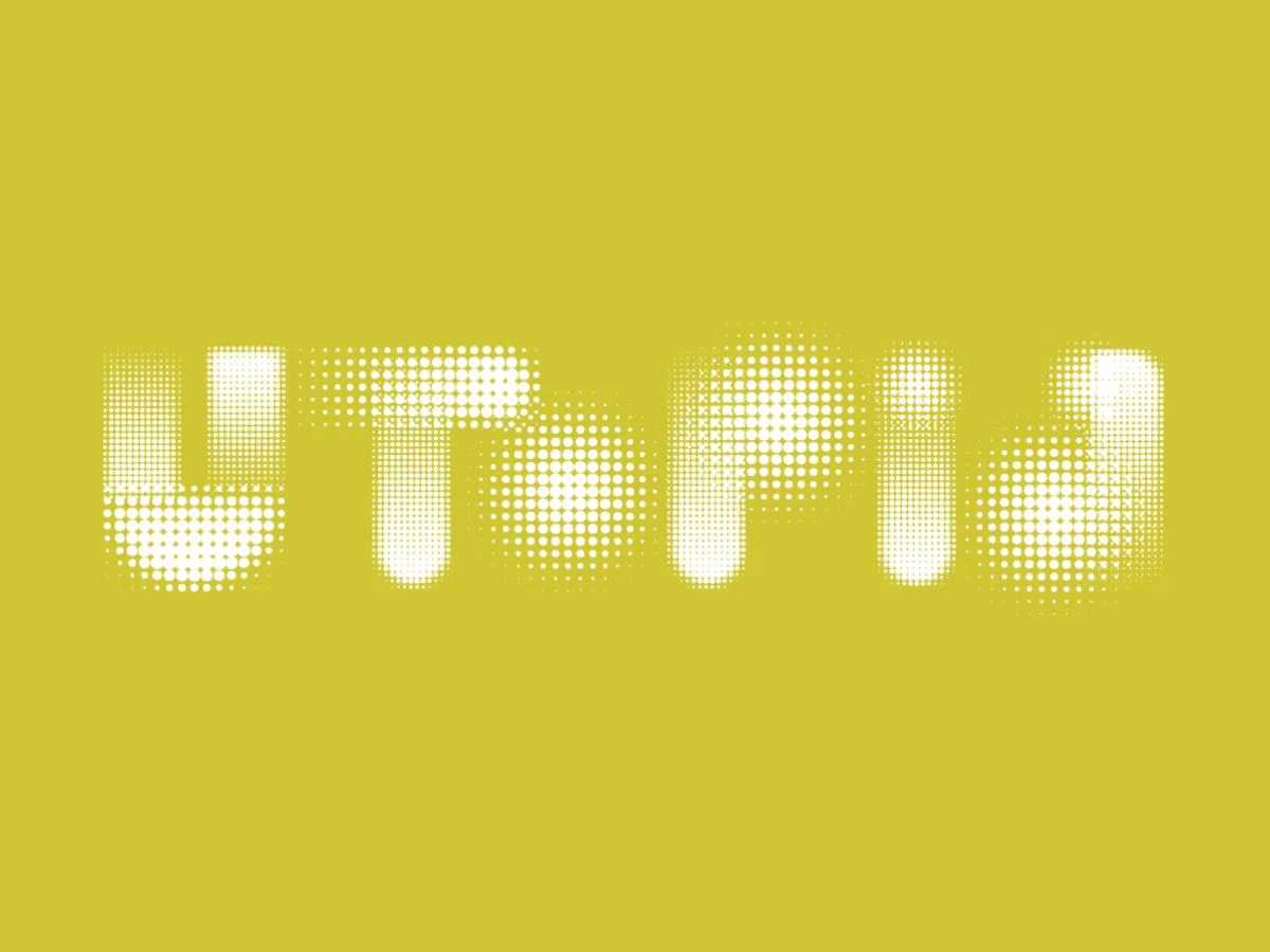 dentidade gráfica do Festival Utopia, com letras brancas sobre fundo amarelo-esverdeado.