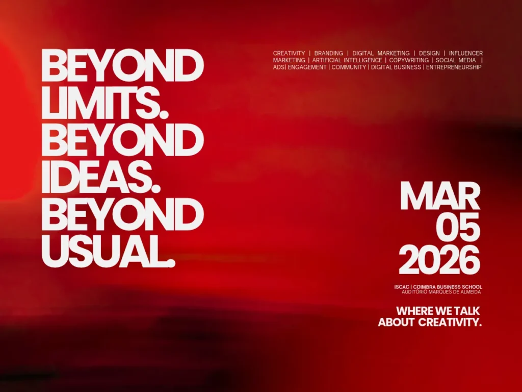 Cartaz do evento NXT GEN 2026, realizado a 5 de março na Coimbra Business School, com o slogan Beyond Limits, Beyond Ideas, Beyond Usual.