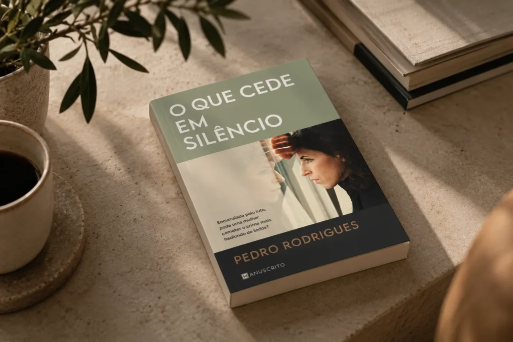 Livro O Que Cede em Silêncio, de Pedro Rodrigues, pousado sobre uma mesa de pedra, junto a uma chávena de café.